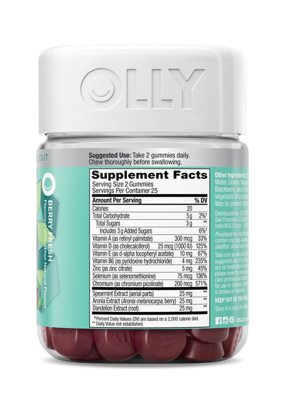 OLLY Flawless Complexion Gummy, Clear and Healthy Skin Support, Vitamins E, A, Zinc, Chewable Supplement, Berry - 50 Count (Pack of 1)