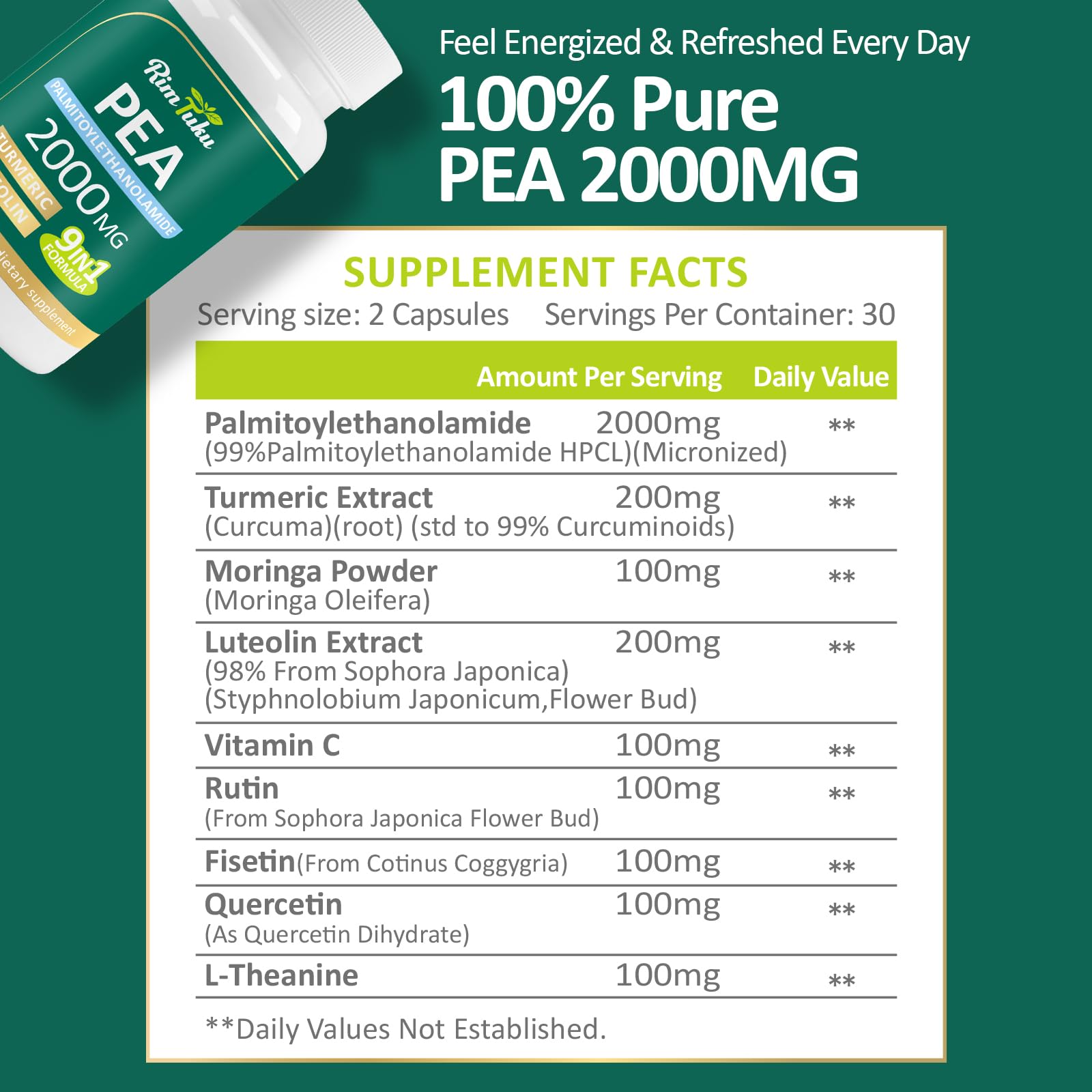 Liposomal Palmitoylethanolamide 2000MG + Luteolin 200MG + Turmeric 200MG & Fisetin 100MG, Micronized Pea 99% Highly Purified Enhanced Absorption Pea Supplement, 120 Capsules RimTukuBuy Supplements Australia