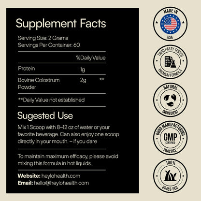 Heylo Premium Colostrum Powder – 100% Pure, Grass-Fed Bovine 40% IgG Supplement, Natural Gut Health Bloating Immunity Skin & Hair, Muscle Recovery, Rich in Immunoglobulins, 60 Servings Heylo HealthBuy Supplements Australia