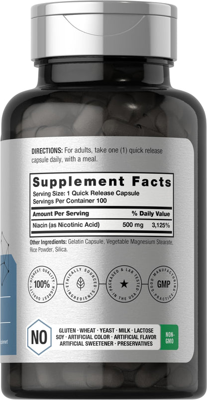 Niacin | Vitamin B3 500mg | 100 Capsules | with Flushing | Non-GMO, and Gluten Free HorbäachBuy Supplements Australia