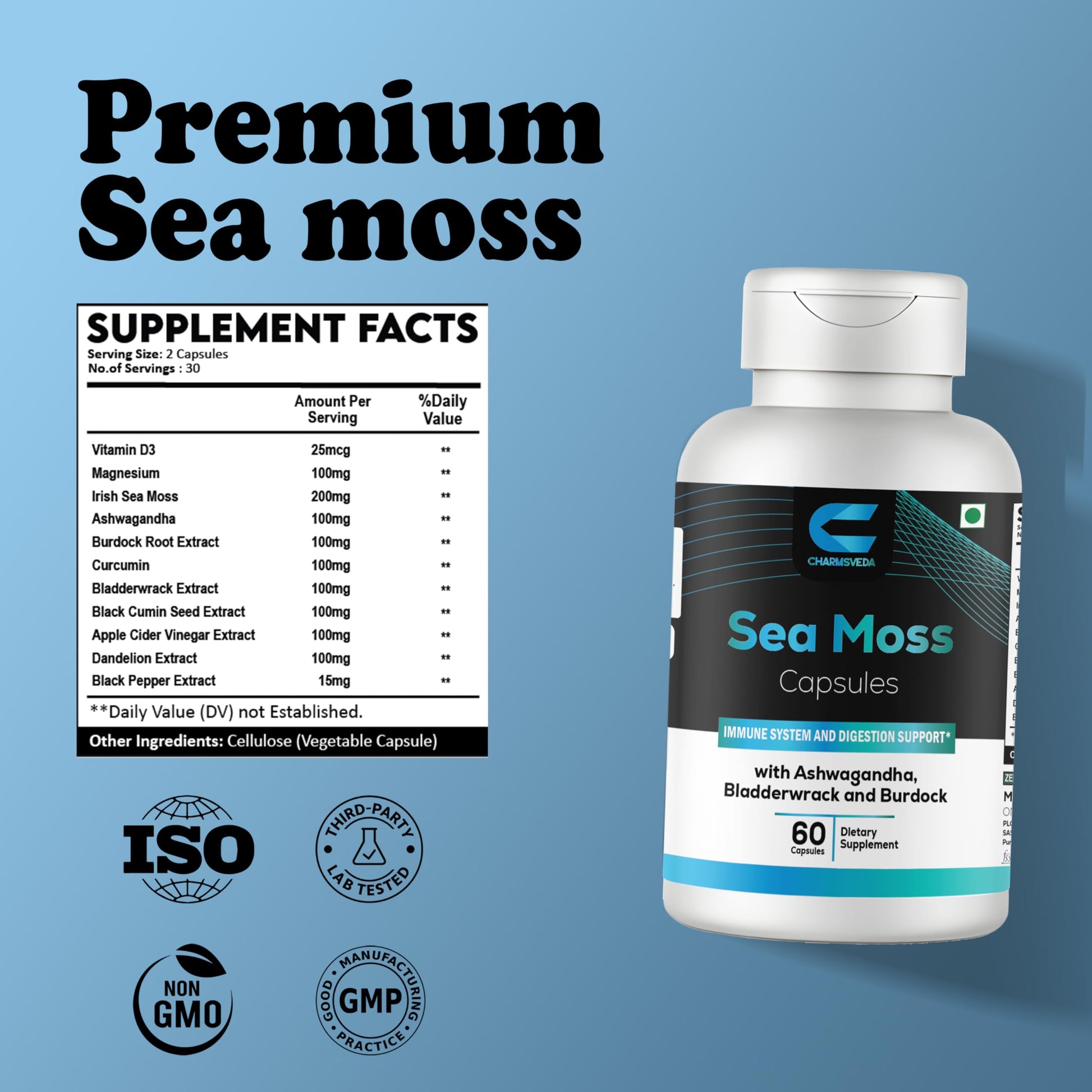 CHARMSVEDA Sea Moss Capsules with Ashwagandha, Bladderwrack & Burdock – Overall Wellness & Immune Support, Support Digestive & Gut Health* – 60 Vegan Capsules CHARMSVEDABuy Supplements Australia
