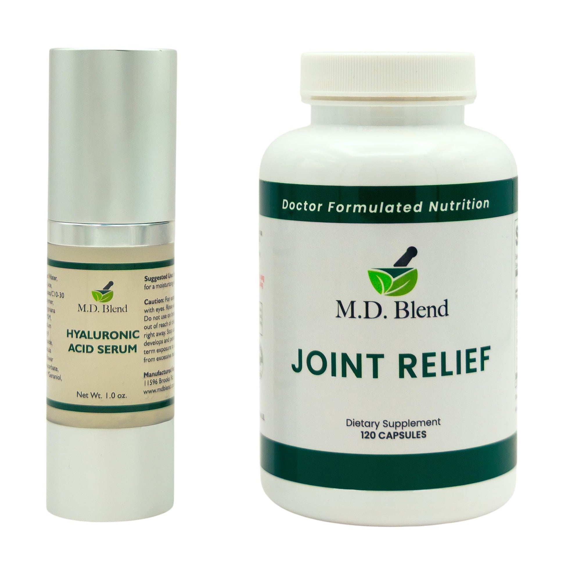 M.D. Blend Wellness Bundle with joint health supplement (120 capsules) & lightweight face hydrating hyaluronic acid serum (30 ml) featuring an airless pump, daily wellness skincare + joint support duo M.D. BlendBuy Supplements Australia