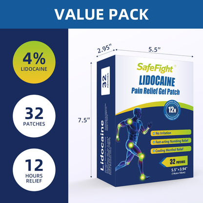 SafeFight 4% Lidocaine Pain Relief Patches 32 Count - Maximum Strength Relief for Back, Neck, Shoulder, Joint & Muscle Pain, Add Menthol, 12 Hour Long Lasting Relief Pains SafeFightBuy Supplements Australia