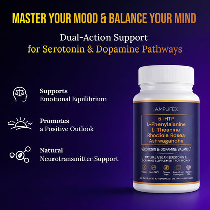 5-HTP Serotonin & Dopamine Support Complex with L-Theanine, L-Phenylalanine, Ashwagandha, Rhodiola B-Vitamins & Adaptogenic Herbal Blend – Mood & Stress Support for Women – Natural Vegan Non GMO AMPLIFEXBuy Supplements Australia