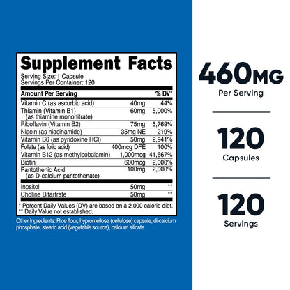Nutricost High Potency Vitamin B Complex 460mg, 120 Capsules - with Vitamin C - Energy NutricostBuy Supplements Australia