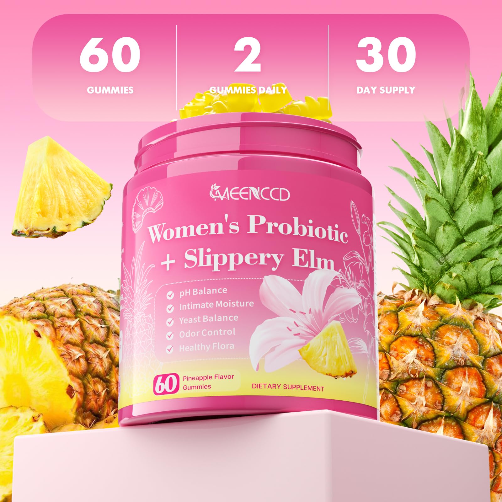 MEENCCD Her Juicy Feminine Probiotics Gummies with Slippery Elm & Lactobacillus Blend, Supports pH Balance & Immune Function, Promotes Vaginal Wellness, Pineapple Flavor, 60 Count MEENCCDBuy Supplements Australia