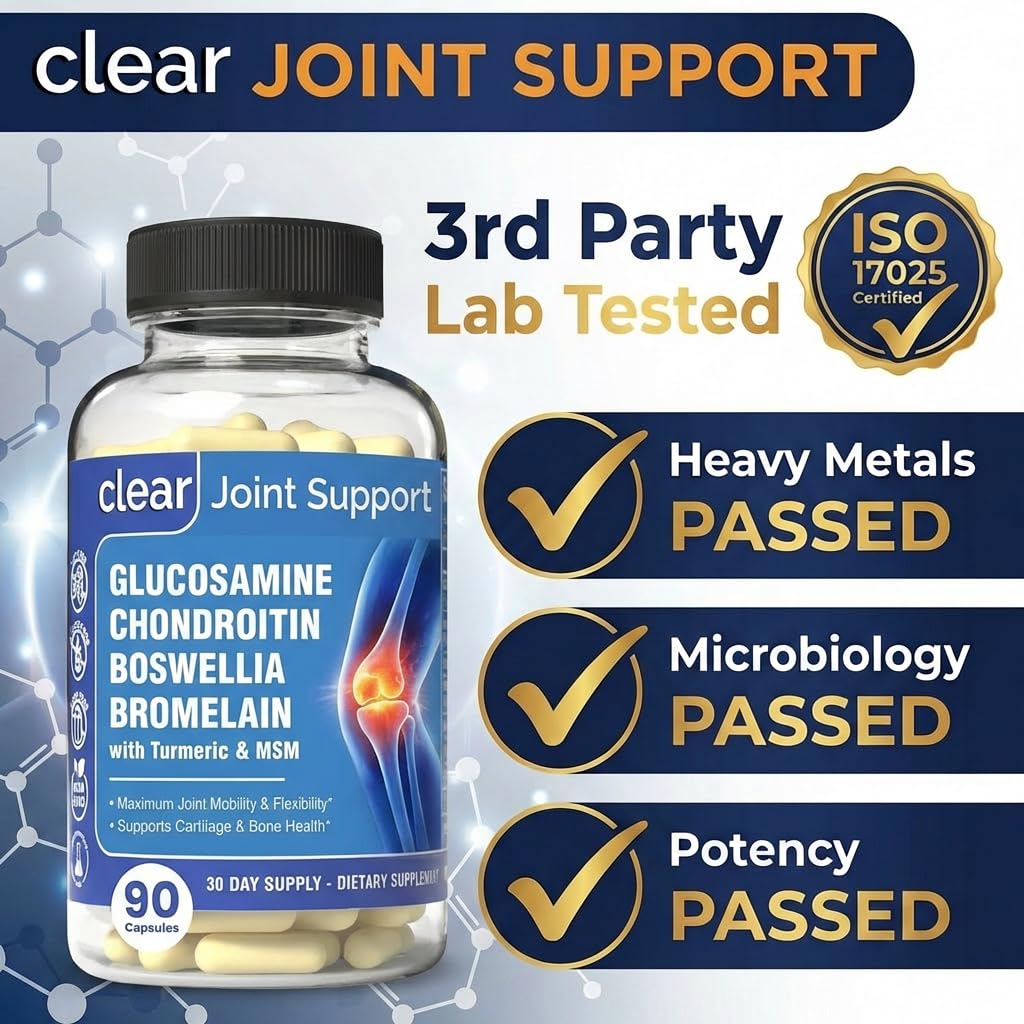 Clear Joint Support - 1500mg Glucosamine Chondroitin MSM - 8 in 1 Joint Health Supplement with Turmeric and Boswellia for Men & Women, Knee, Hip & Back Support, Made in USA, 90 Capsules Clear ProbioticsBuy Supplements Australia