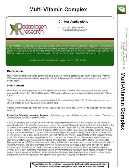 Multi-Vitamin Complex | Once Daily Multivitamin Supplement with Folate as Metafolin L-5-MTHF B12 as Methylcobalamin Vitamin A C D3 and more Adaptogen ResearchBuy Supplements Australia