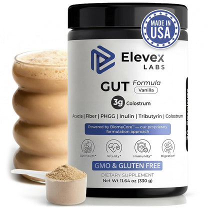 Elevex Labs Gut Health Supplement Powder – Digestive Health Formula with Colostrum, Tributyrin & PHGG Prebiotics for Gut Health, Gut Lining, Gut-Brain & Bloating Relief