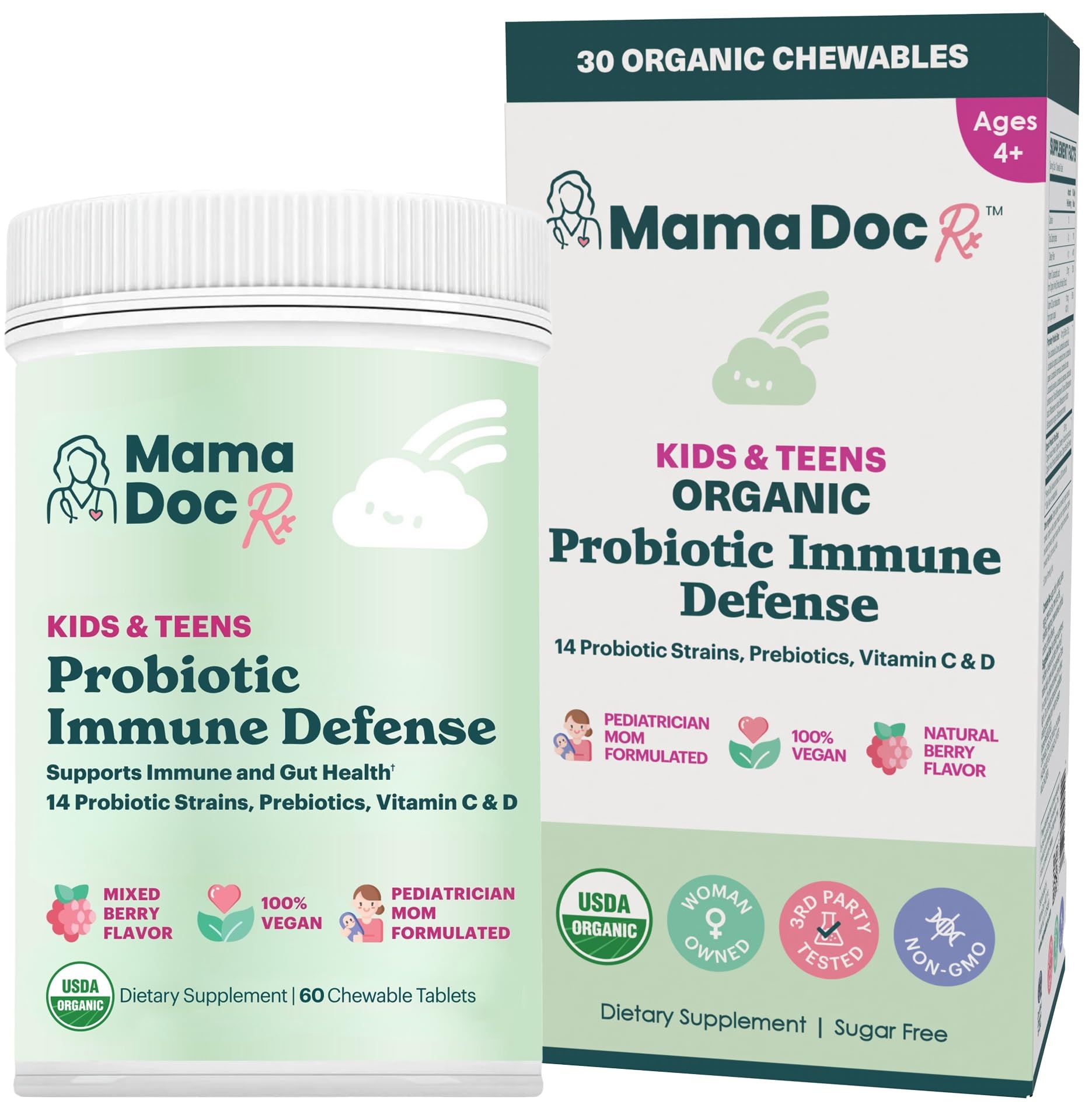 MamaDoc Rx Certified Organic Kids & Teens Probiotic Immune Defense - 5 Billion CFUs | Sugar Free, Vegan, Gluten-Free | 14 Probiotic Strains, Prebiotics, Vitamin C & D | 30 Chewable Tablets, Ages 4+ MamaDoc RxBuy Supplements Australia