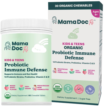 MamaDoc Rx Certified Organic Kids & Teens Probiotic Immune Defense - 5 Billion CFUs | Sugar Free, Vegan, Gluten-Free | 14 Probiotic Strains, Prebiotics, Vitamin C & D | 30 Chewable Tablets, Ages 4+ MamaDoc RxBuy Supplements Australia