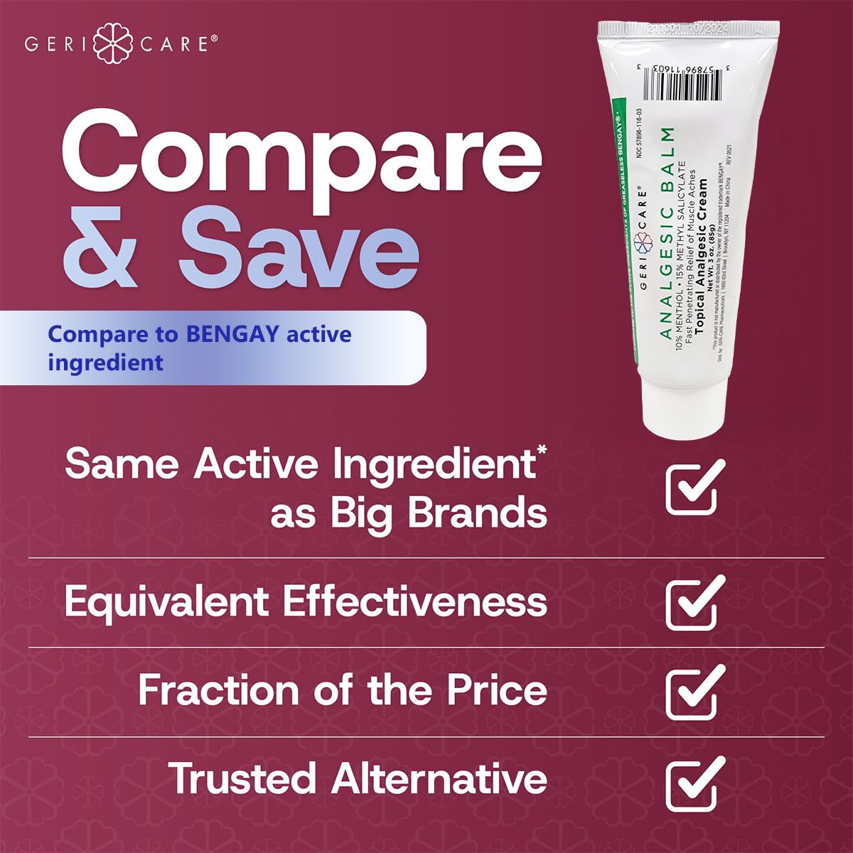 GeriCare Topical Analgesic Cream, Menthol 10%, Methyl Salicylate 15%, Fast Absorption, Pain Relief of Minor Muscle Aches, Body Stiffness, Joint Pain & Soreness, 3 Ounce (Pack of 1) GeriCareBuy Supplements Australia