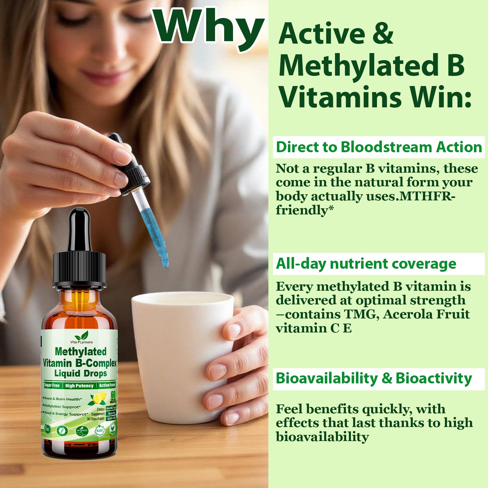 Methylated B Complex Liquid Drop Complete 9-in-1 Methyl B Vitamins w. B12 Methylfolate Inositol Choline TMG Vitamin C E, Super B-Complex Methylated for MTHFR Support, Energy Mood Nerve & Brain Health1 Vita PLynxeraBuy Supplements Australia