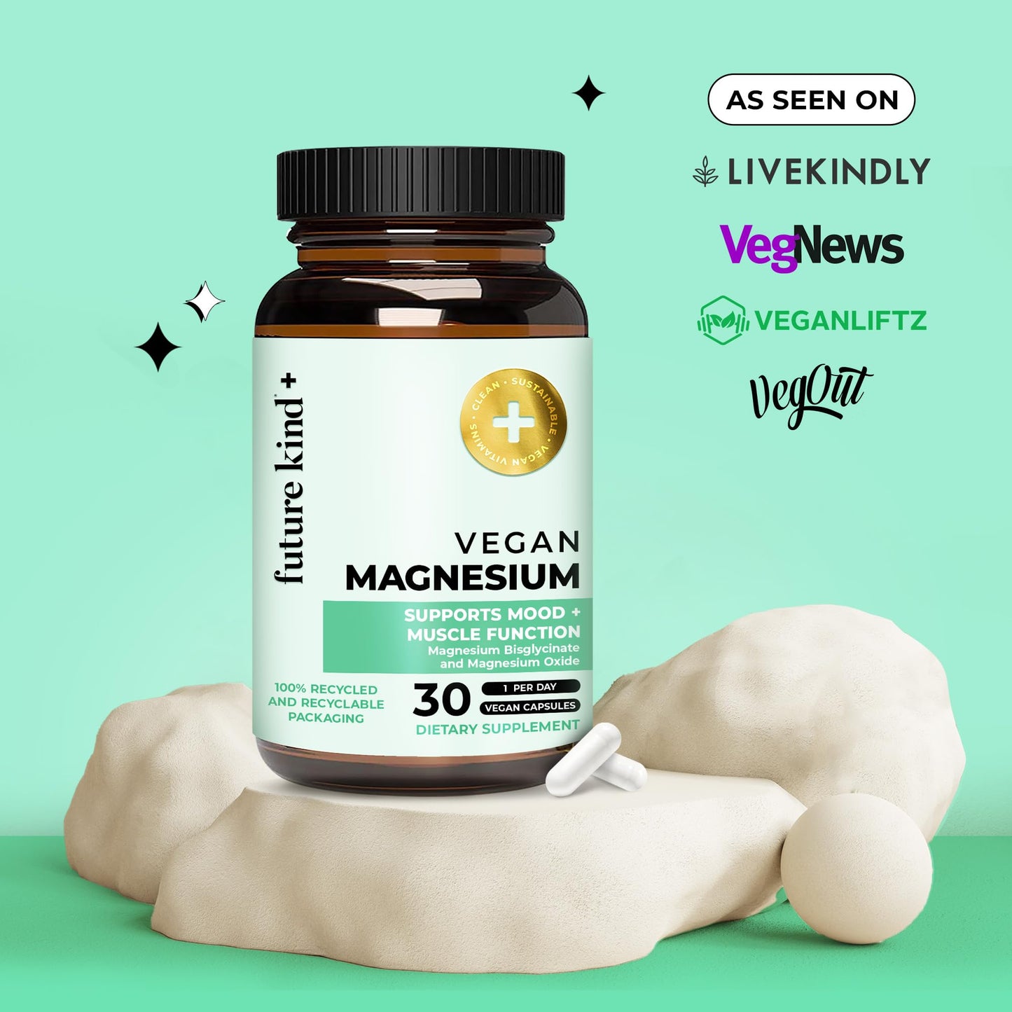 Future Kind Magnesium Glycinate, Supports Muscle and Nerve Function, High Absorption Chelated Magnesium Supplement, Nightly Calm, Energy & Metabolism, Highly Bioavailable & Potent - 30 Vegan Capsules Future KindBuy Supplements Australia