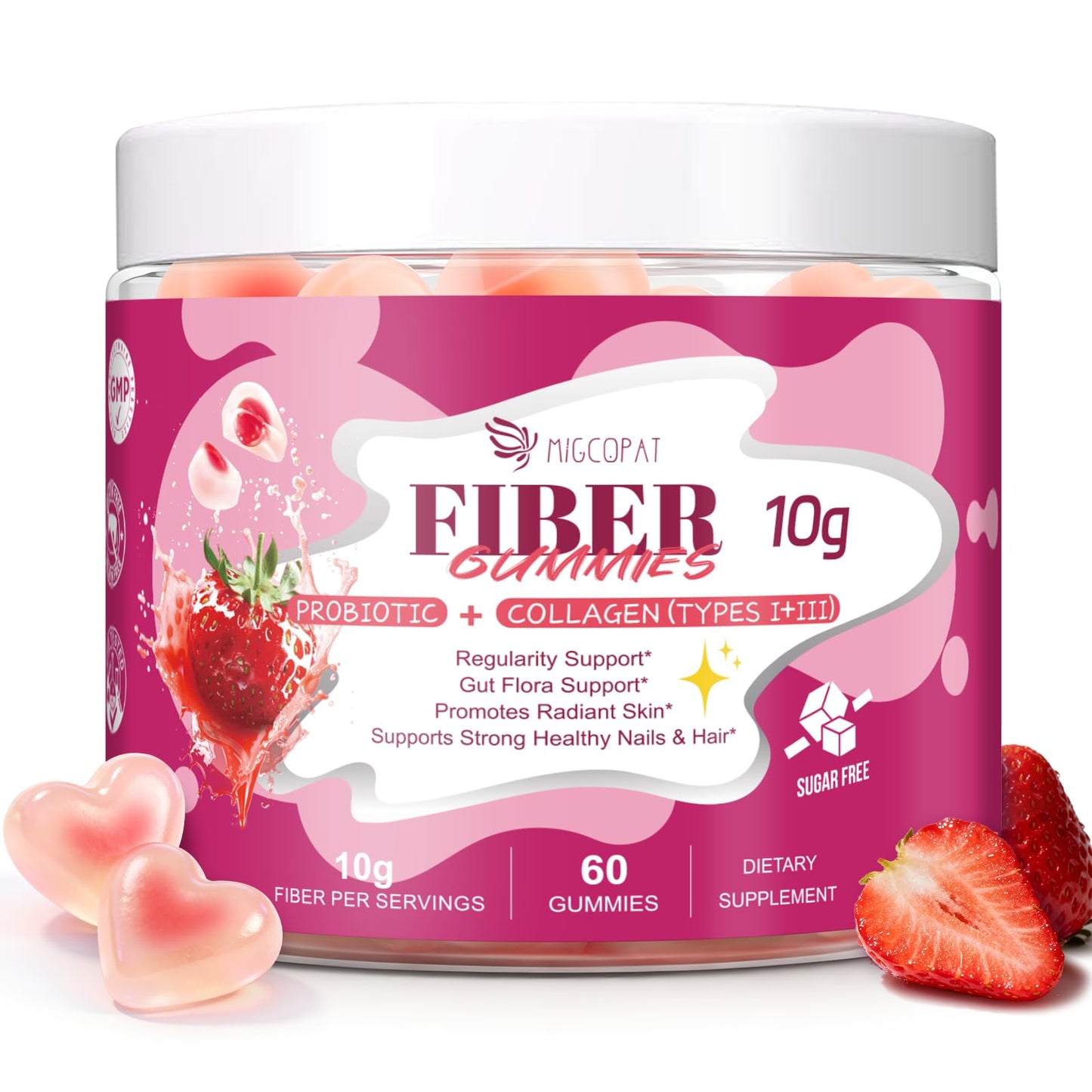 Migcopat 10G Fiber Gummies with Collagen Peptides, Hyaluronic Acid, Vitamin C, ACV, 30 Billion CFU Probiotics – Sugar Free Collagen Gummy for Skin, Hair & Nails