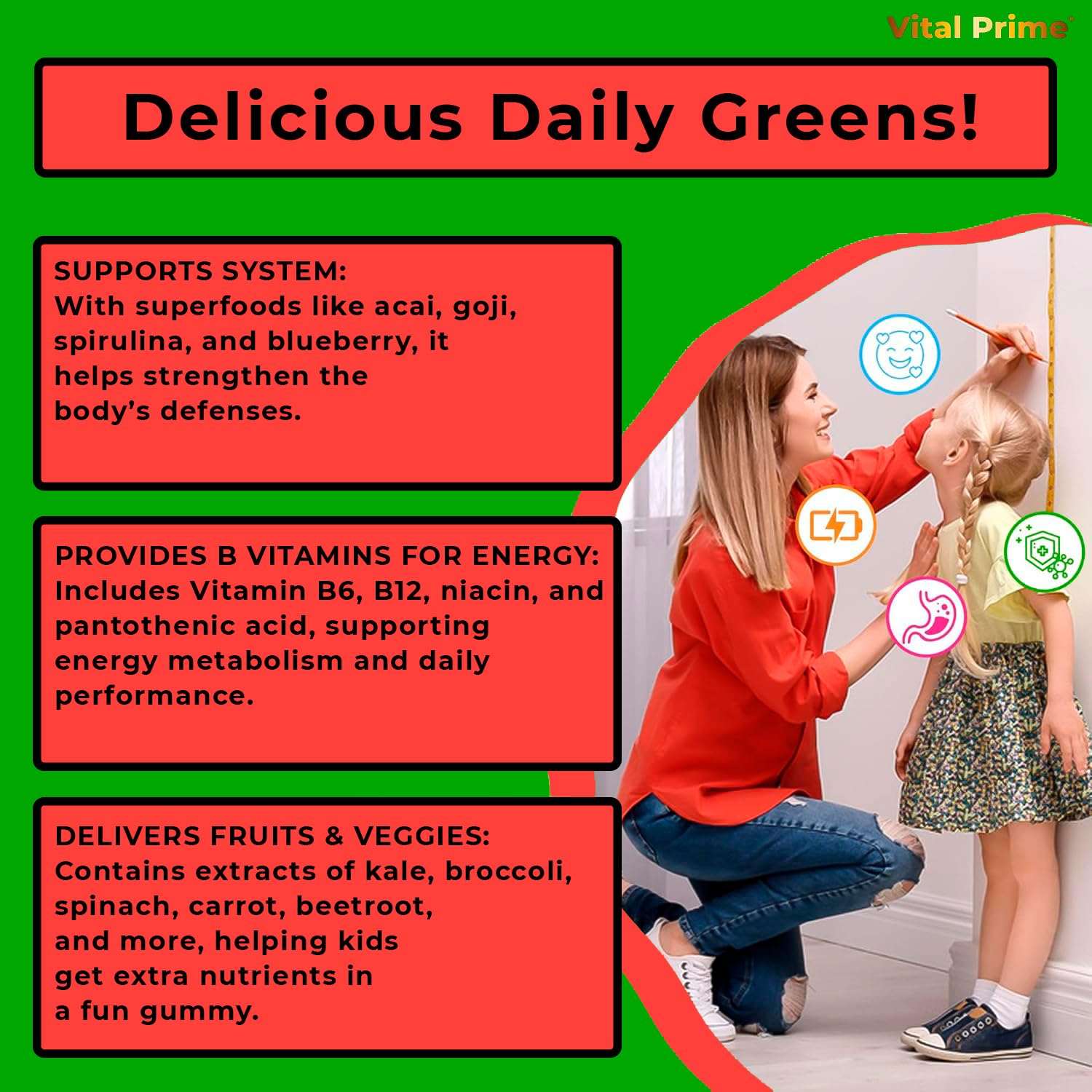 FourRoar Vital Prime Super Green Gummies for Kids 90 Count Strawberry & Watermelon Flavor | Fruit and Vegetable Gummies | Vegan Veggies Gummy Multivitamin for Kids FourRoarBuy Supplements Australia