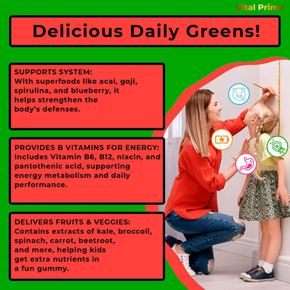 FourRoar Vital Prime Super Green Gummies for Kids 90 Count Strawberry & Watermelon Flavor | Fruit and Vegetable Gummies | Vegan Veggies Gummy Multivitamin for Kids FourRoarBuy Supplements Australia