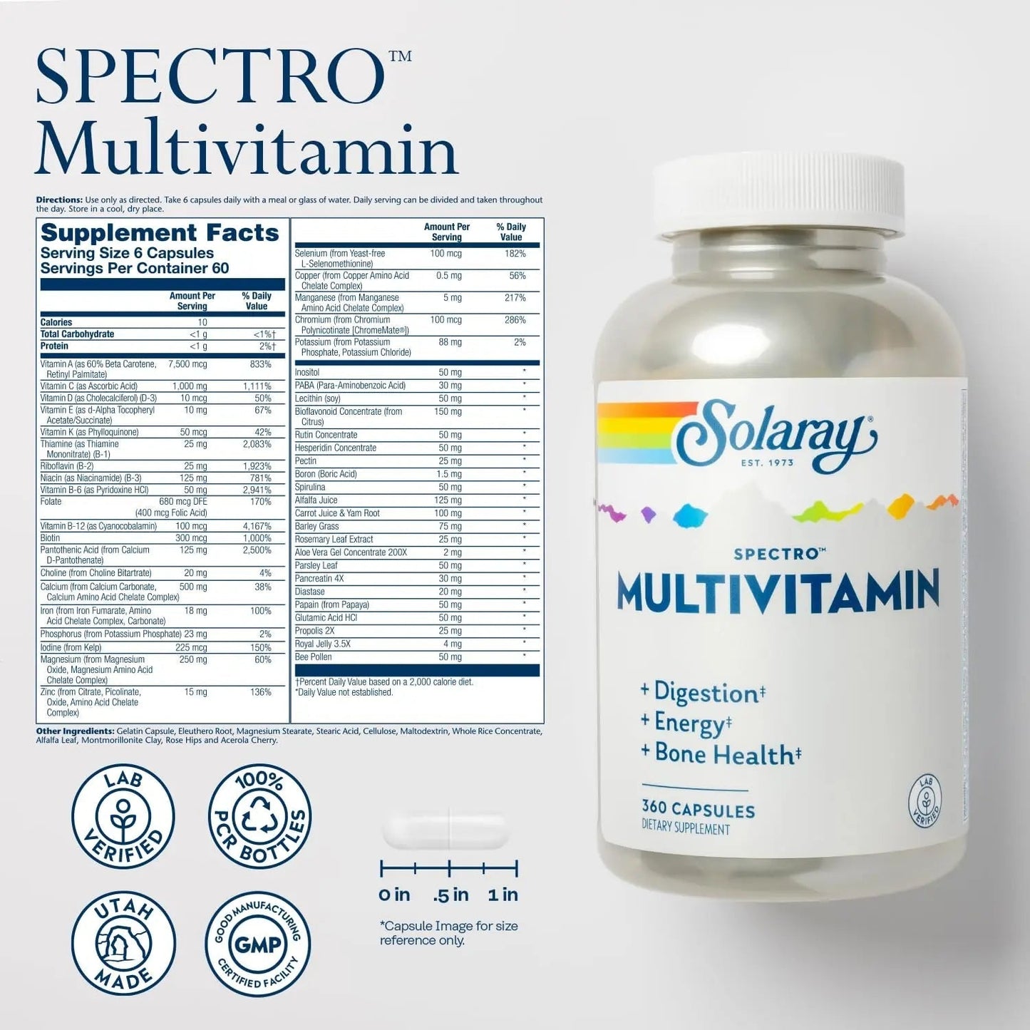 SOLARAY Spectro Multivitamin with Iron - Multi Vitamin with Calcium, Magnesium, Energizing Greens, Herbs & Digestive Enzymes SOLARAY
