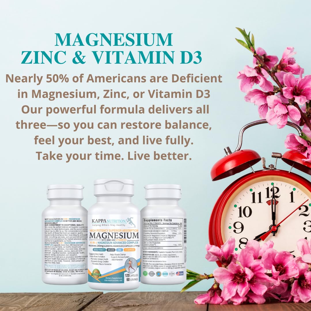 Kappa Nutrition Magnesium 4-in-1, 280mg Elemental Magnesium (Bisglycinate, Malate) + Zinc & Vitamin D3, Brain, Sleep, Energy, Muscle, Immune Support, 120 Vegan Capsules. KAPPA NUTRITIONBuy Supplements Australia