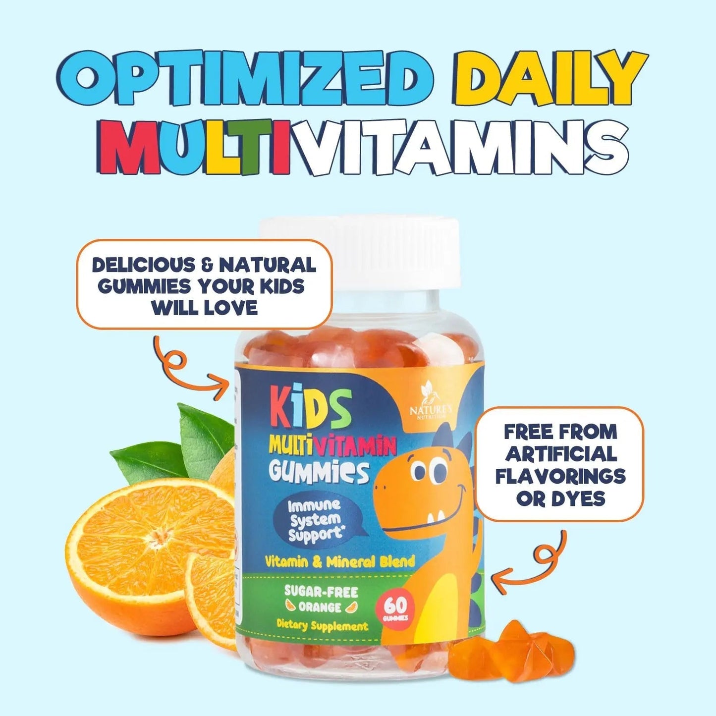 Kids Multivitamin Gummies - Improved Sugar-Free Formula - 100% Daily Folate, Kids Vitamins with Essential Vitamins A, C, D3, E, B6, B12 Nature's Nutrition