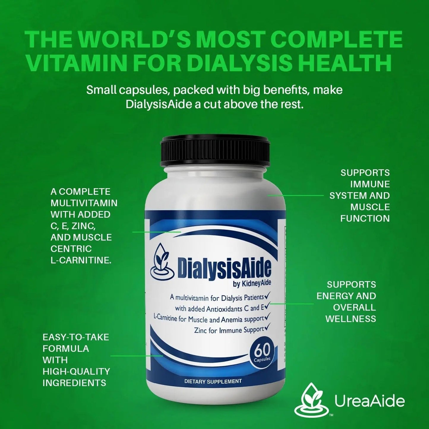 Renal Replacement Therapy Complete Multi Vitamin - 60 Capsules, 30 Day Supply, B-Complex, Antioxidant Vitamin C& E, L-Carnitine & Zinc Immune, Skin, Red Cell KidneyAideBuy Supplements Australia