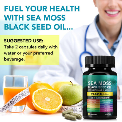 Sea Moss Black Seed Oil Ashwagandha Ginger Capsules, Seamoss Capsules Supplement with Bladderwrack Burdock & Vitamin C Vitamin D3 for Women & Men-Enhanced Immunity,60 Counts VceeoyBuy Supplements Australia