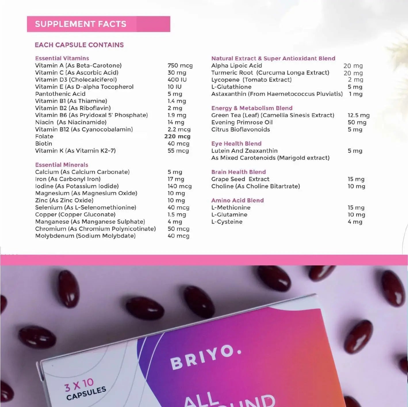 Briyosis All Around Women - 38 nutrients (Essential Vitamins, Minerals, Natural extracts, Amino acids, Primrose Oil) - 90 Capsules Briyosis