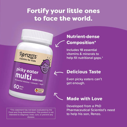 Renzo's Picky Eater Kids Multivitamin with Iron, Dissolving Kids Vitamins with Vitamin D3 and K2 and More, 60 Sugar-Free Melty Tabs Renzo'sBuy Supplements Australia