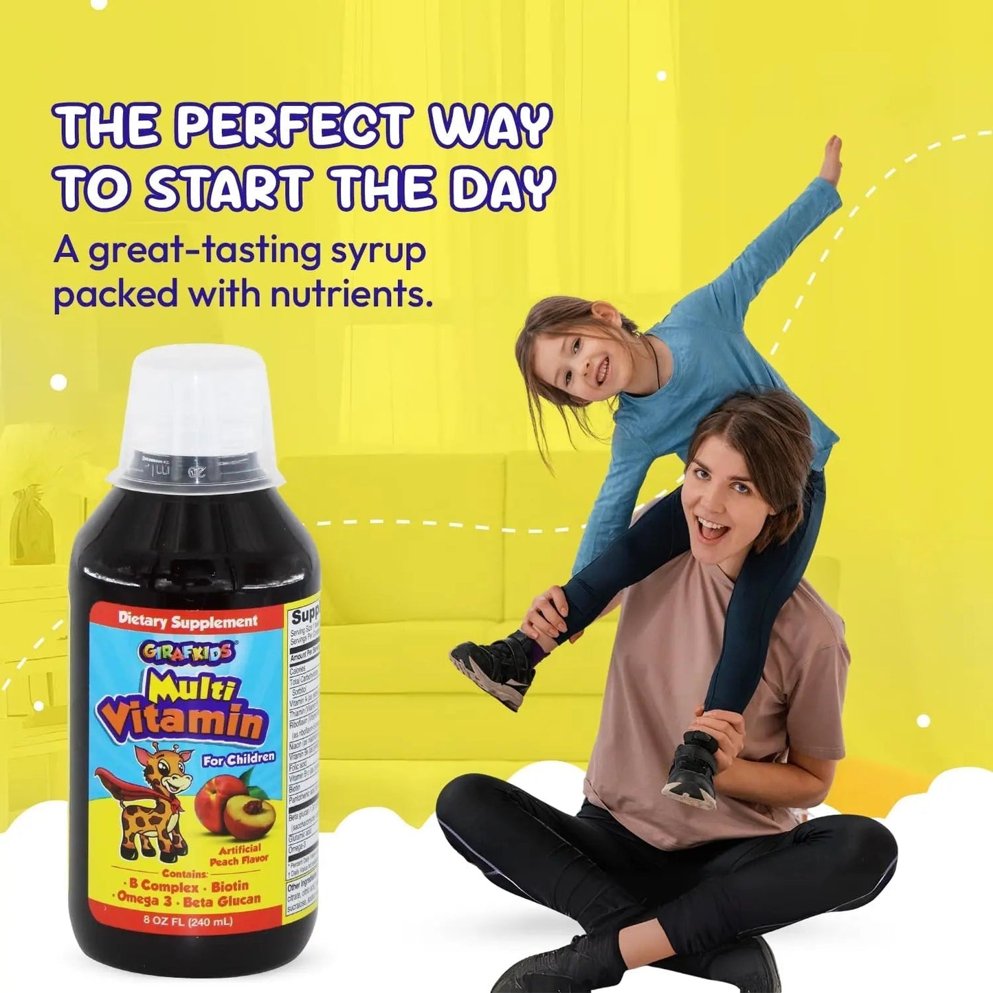 GirafKids Liquid Multivitamin for Kids Ages 4+, 8oz - Daily Child Vitamins with Biotin, Vitamin A, B Complex, Folic Acid, Omega-3 & Beta Glucan PHARMADEL