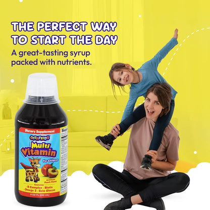GirafKids Liquid Multivitamin for Kids Ages 4+, 8oz - Daily Child Vitamins with Biotin, Vitamin A, B Complex, Folic Acid, Omega-3 & Beta Glucan PHARMADEL