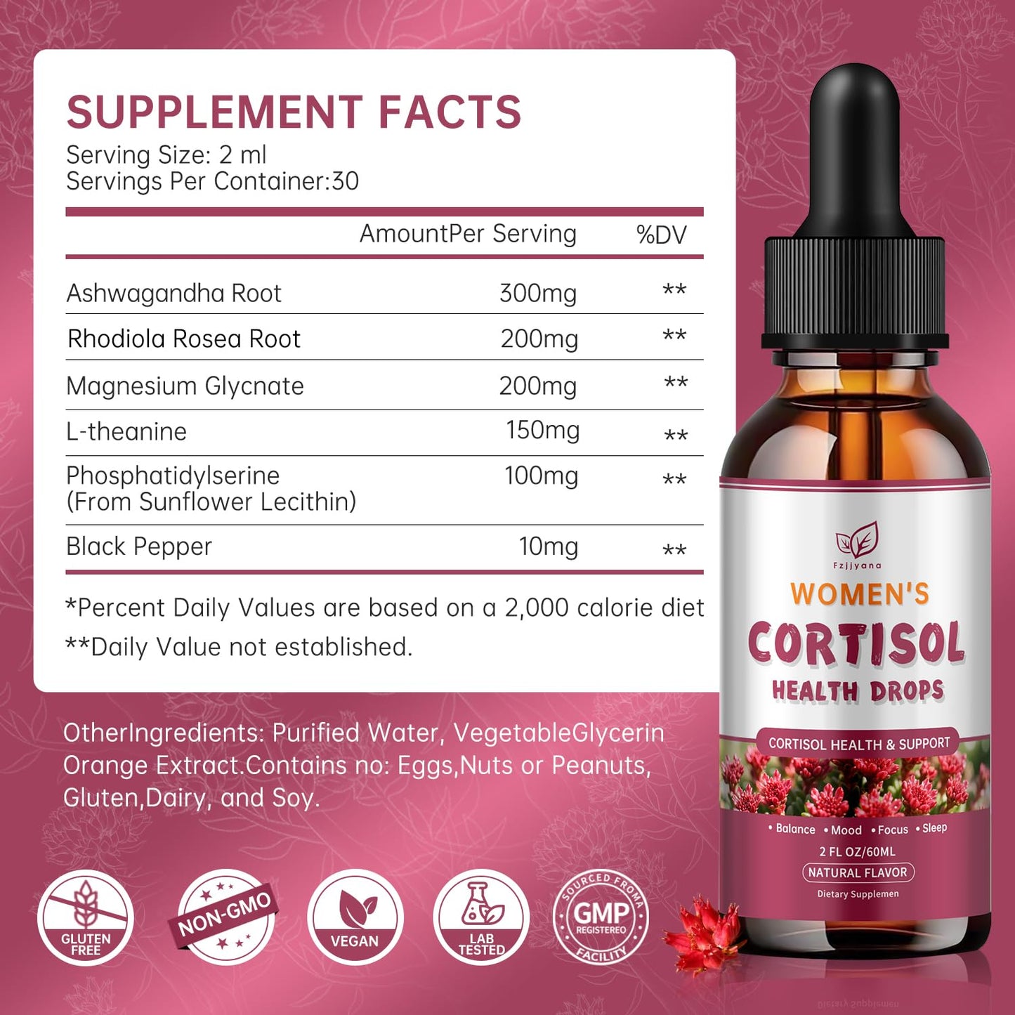 Cortisol Manager Liquid Drops, Cortisol Supplements for Women, with magnesium ashwagandha, rhodiola rosea,l-theanine,Phosphatidylserine-Promote Relaxation and Support Mood- 30 Day Vegan Supply FzjjyanaBuy Supplements Australia