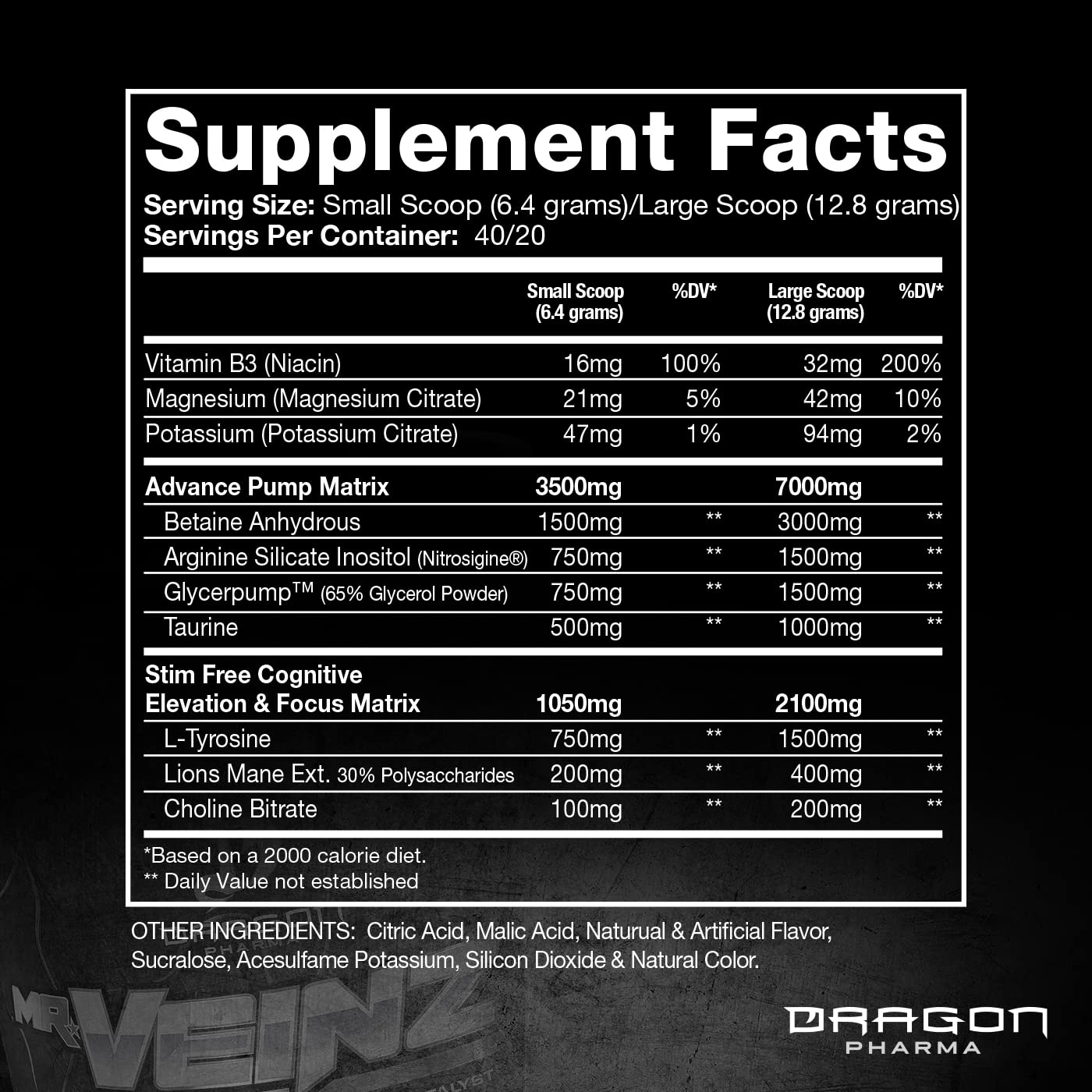 DRAGON PHARMA Mr. Veinz Stim Free Pre-Workout, Extreme Pump & Nootropic Catalyst, Maximize Pumps via Vasodilation & Cell Volumization, Stimulant-Free Formula for Focus (40 Servings, White Dragon)