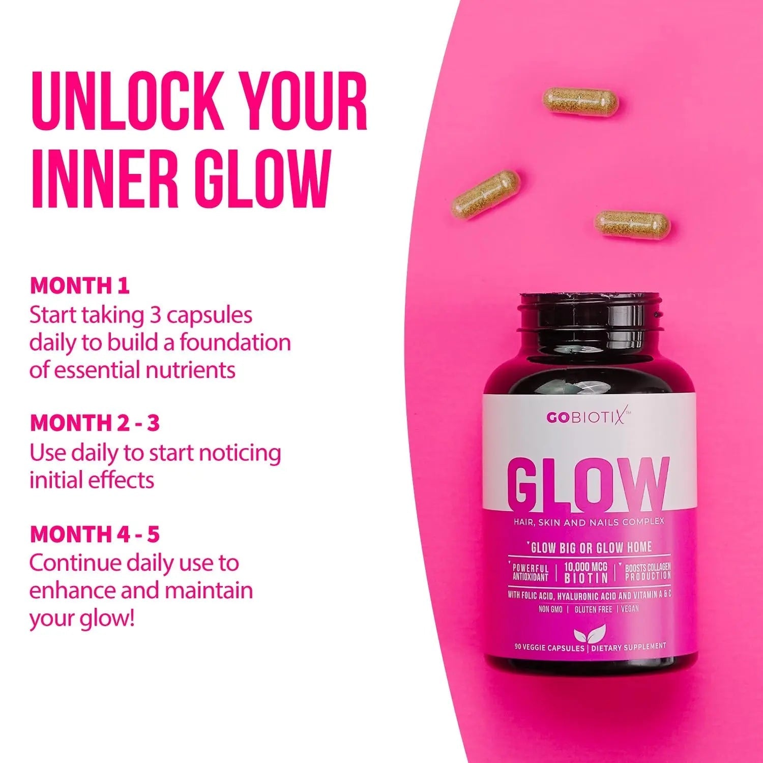 GOBIOTIX Hair Skin and Nails Vitamin Supplement - 10000mcg Biotin Pills with Hyaluronic Acid, Folate, Iron, Magnesium, and Zinc GOBIOTIX
