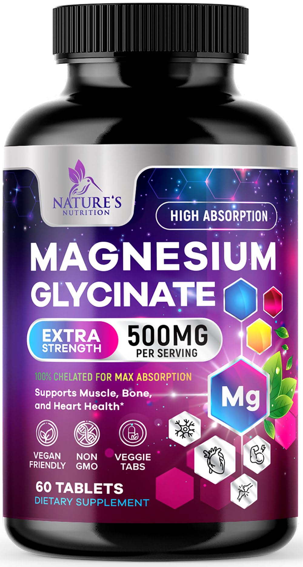 Magnesium Glycinate Supplement - 500mg Magnesium Per Serving - 100% Chelated & Purified - Supports Sleep, Heart Health, & Muscle Strength - Best Absorption Magnesium, Bottled in USA - 60 Tablets Nature's NutritionBuy Supplements Australia