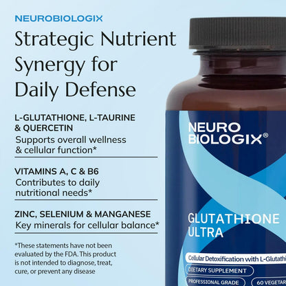 Neurobiologix Glutathione Ultra, L-Glutathione Antioxidant Complex with Vitamin C, A, B2, B6, Zinc, Selenium, Manganese, Taurine & Quercetin for Cellular Health, Gluten Free, 60 Vegetarian Capsules NeurobiologixBuy Supplements Australia