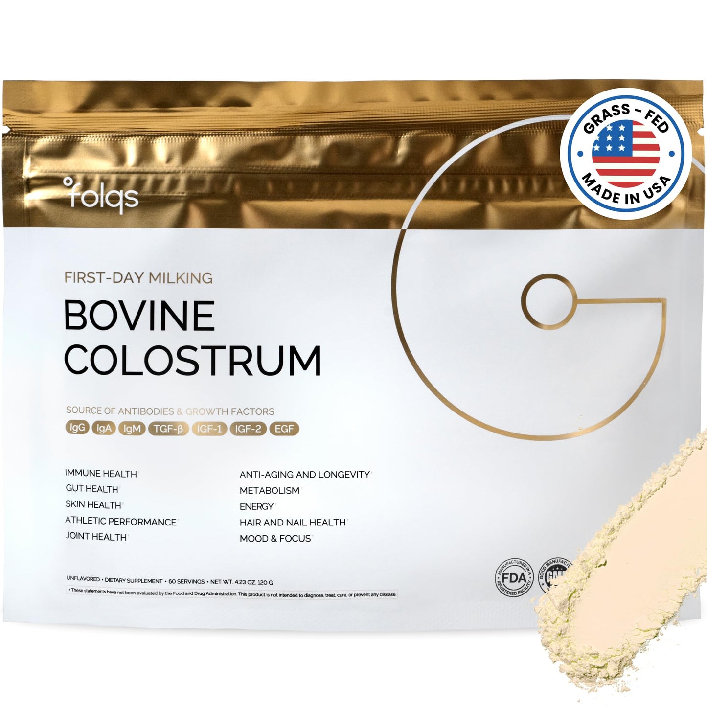 Folqs Bovine Colostrum Powder – First-Day Milking for Immune & Gut Support – 60 Servings – Supports Skin & Tissue Health – Made in USA - Amino Acids, Vitamins, Minerals – Kosher - Sustainably Sourced FolqsBuy Supplements Australia