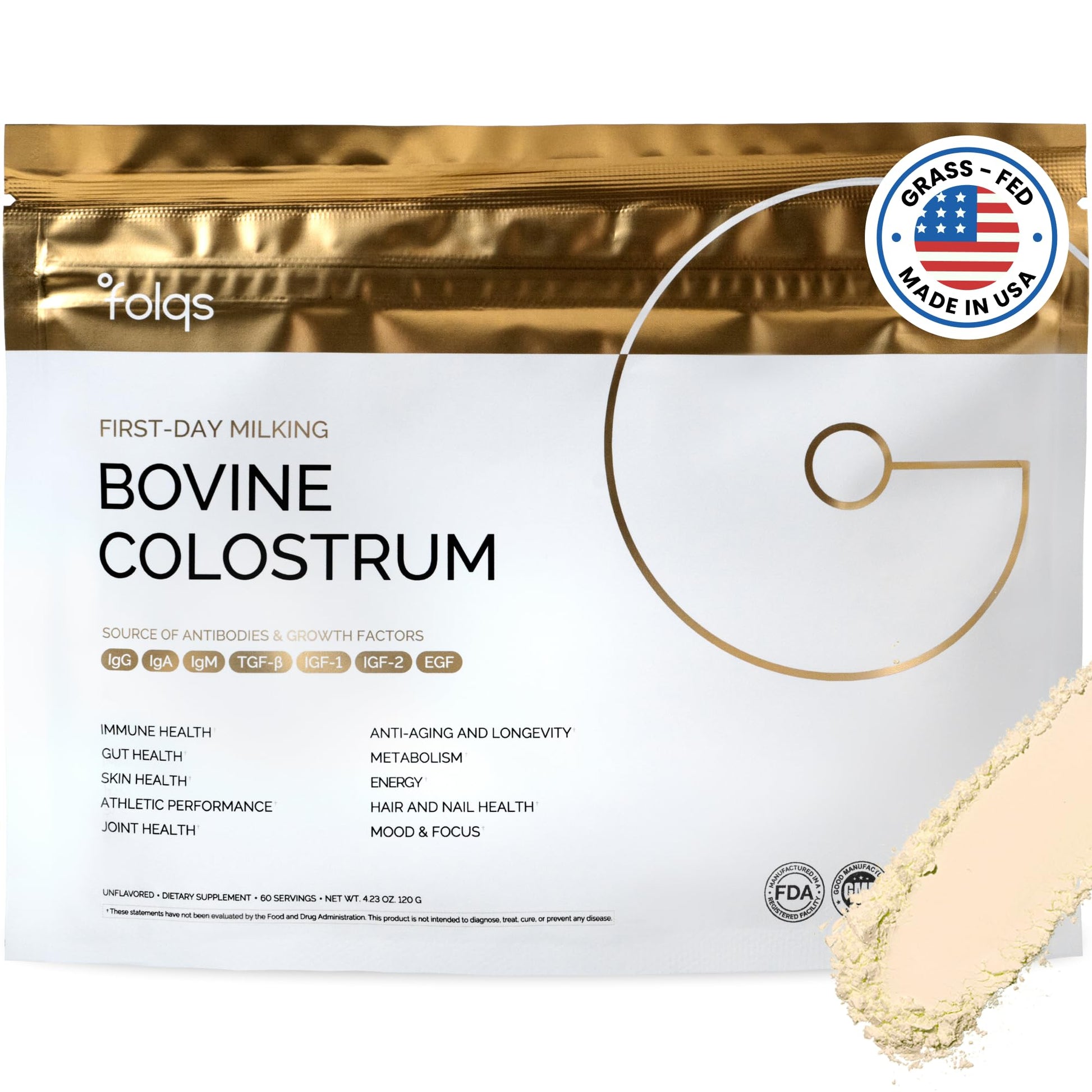Folqs Bovine Colostrum Powder – First-Day Milking for Immune & Gut Support – 60 Servings – Supports Skin & Tissue Health – Made in USA - Amino Acids, Vitamins, Minerals – Kosher - Sustainably Sourced FolqsBuy Supplements Australia