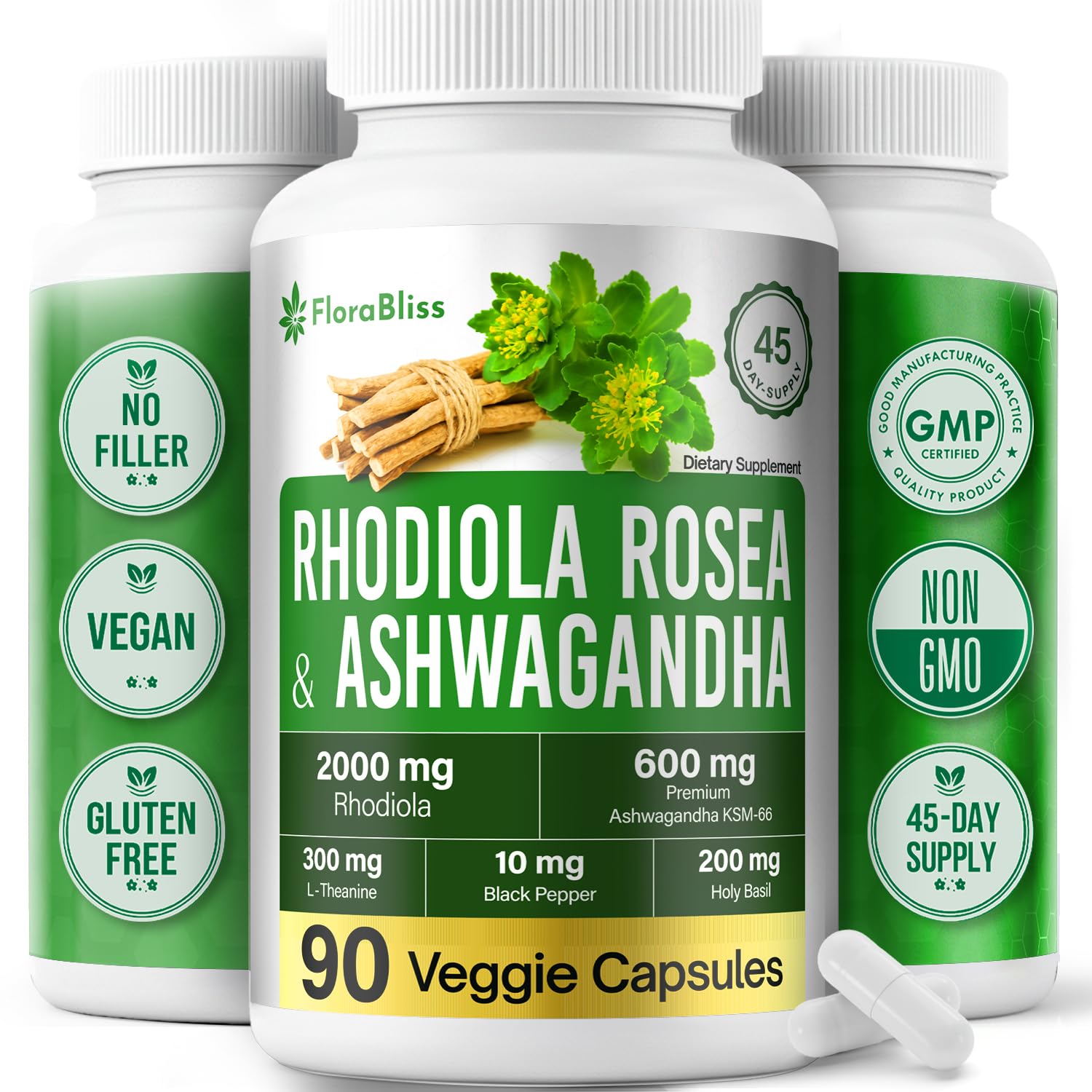 FloraBliss Rhodiola Rosea with Ashwagandha KSM-66, L-Theanine, Holy Basil & Black Pepper - 90 High Potency Vegan Capsules - 45-Day Supply FloraBlissBuy Supplements Australia