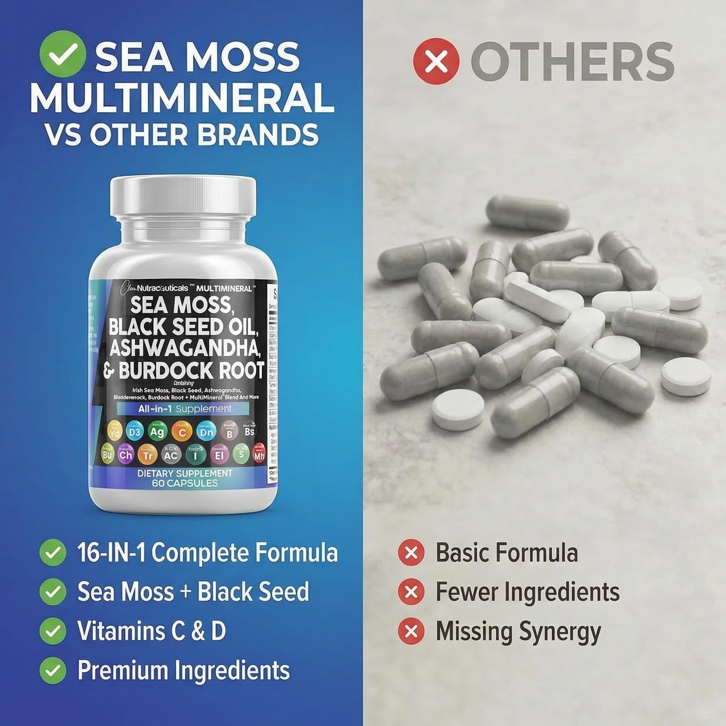 Clean Nutraceuticals Sea Moss Black Seed Oil Ashwagandha Turmeric Bladderwrack Burdock & Vitamin C Vitamin D3 with Elderberry