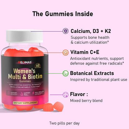 Redimas Multivitamin Gummies for Women, Chewable Adult Vitamin with Vitamins A, B, C, D, E, and Biotin, Gummy Format for Everyday Nutrient Inclusion RedimasBuy Supplements Australia