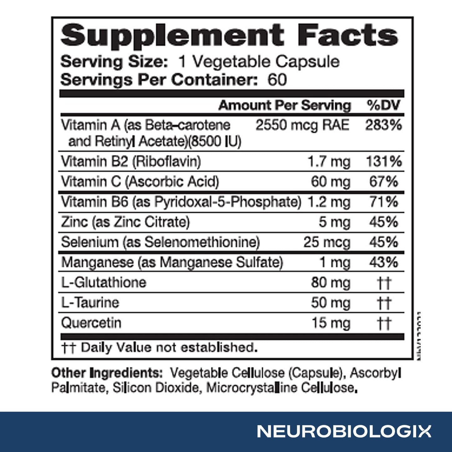 Neurobiologix Glutathione Ultra, L-Glutathione Antioxidant Complex with Vitamin C, A, B2, B6, Zinc, Selenium, Manganese, Taurine & Quercetin for Cellular Health, Gluten Free, 60 Vegetarian Capsules NeurobiologixBuy Supplements Australia