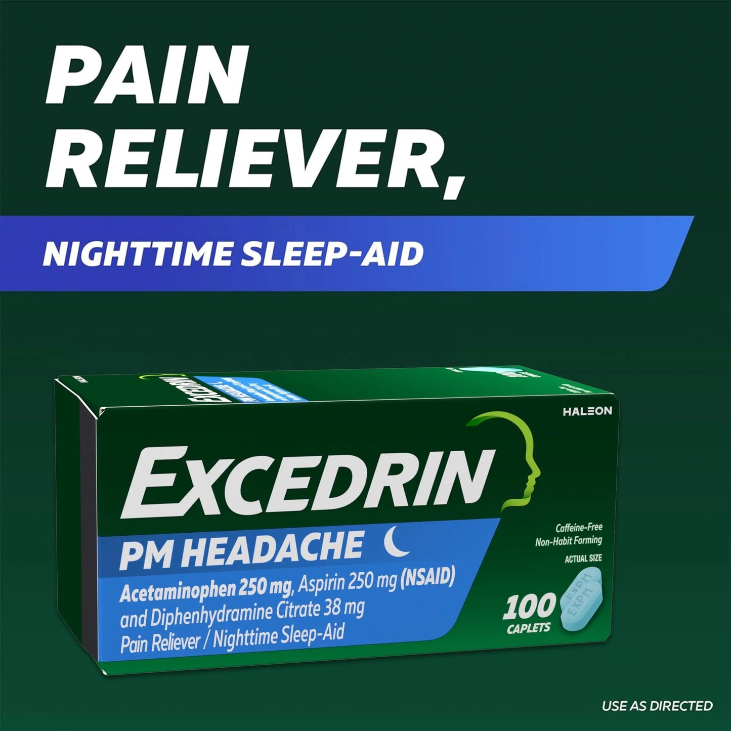 Excedrin PM for Headache Relief, Acetaminophen 250mg, Aspirin 250mg, Diphenhydramine Citrate 38mg, Pain Reliever, Nighttime Sleep-Aid, 100 Count ExcedrinBuy Supplements Australia