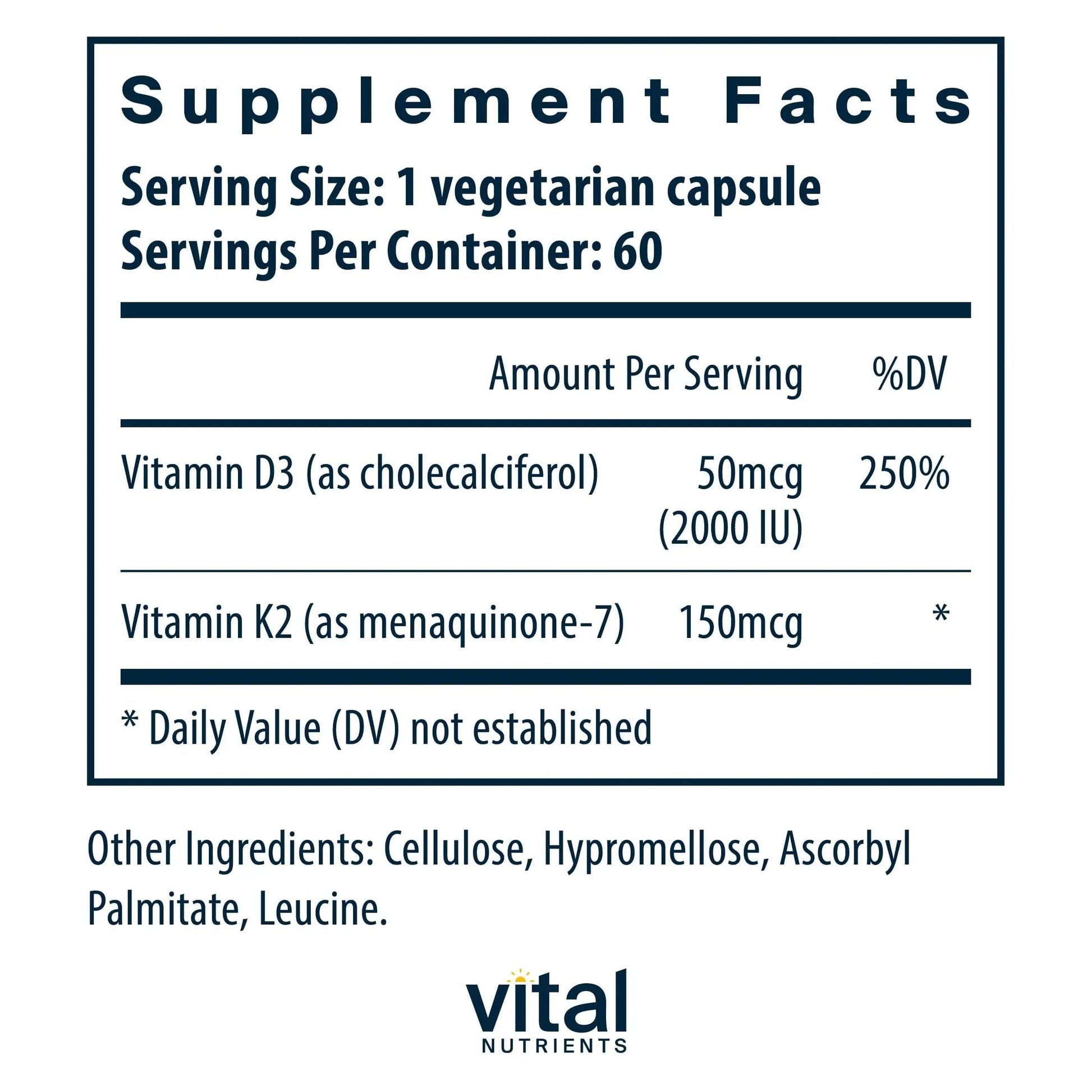 Vital Nutrients Vitamin D3 + K2-2000 IU - Vitamin D3 K2 Supplement - Vitamin D Complex for Healthy Calcium Levels Vital NutrientsBuy Supplements Australia