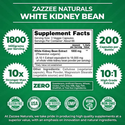 Zazzee White Kidney Bean 10:1 Extract, 18,000 mg Strength, 200 Vegan Capsules, Over 2 Month Supply ZazzeeBuy Supplements Australia