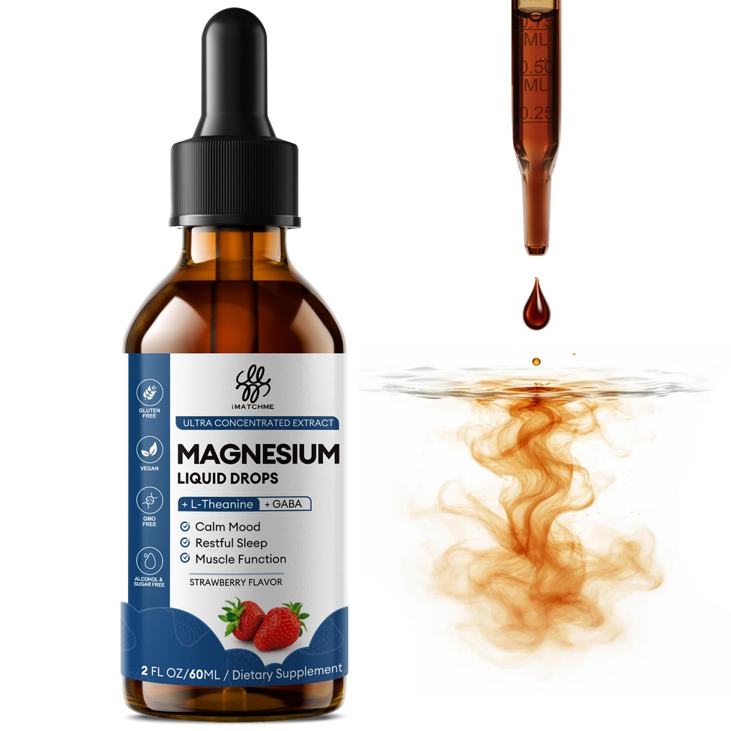 Liquid Magnesium Glycinate Drops for Nighttime Sleep & Calm Support, Triple Chelated Magnesium Complex with L-Theanine & GABA, Pre-Dissolved Liquid for Gentle Absorption, Strawberry Flavor, 2 Fl Oz iMATCHMEBuy Supplements Australia