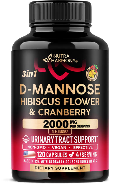 D-Mannose 2000mg with Cranberry & Hibiscus - Clinically Tested Strength for Urinary Tract Health - Supplement for Women - Bladder, Liver & Microflora Support - Made in USA - Vegan, 120 Capsules NUTRAHARMONYBuy Supplements Australia
