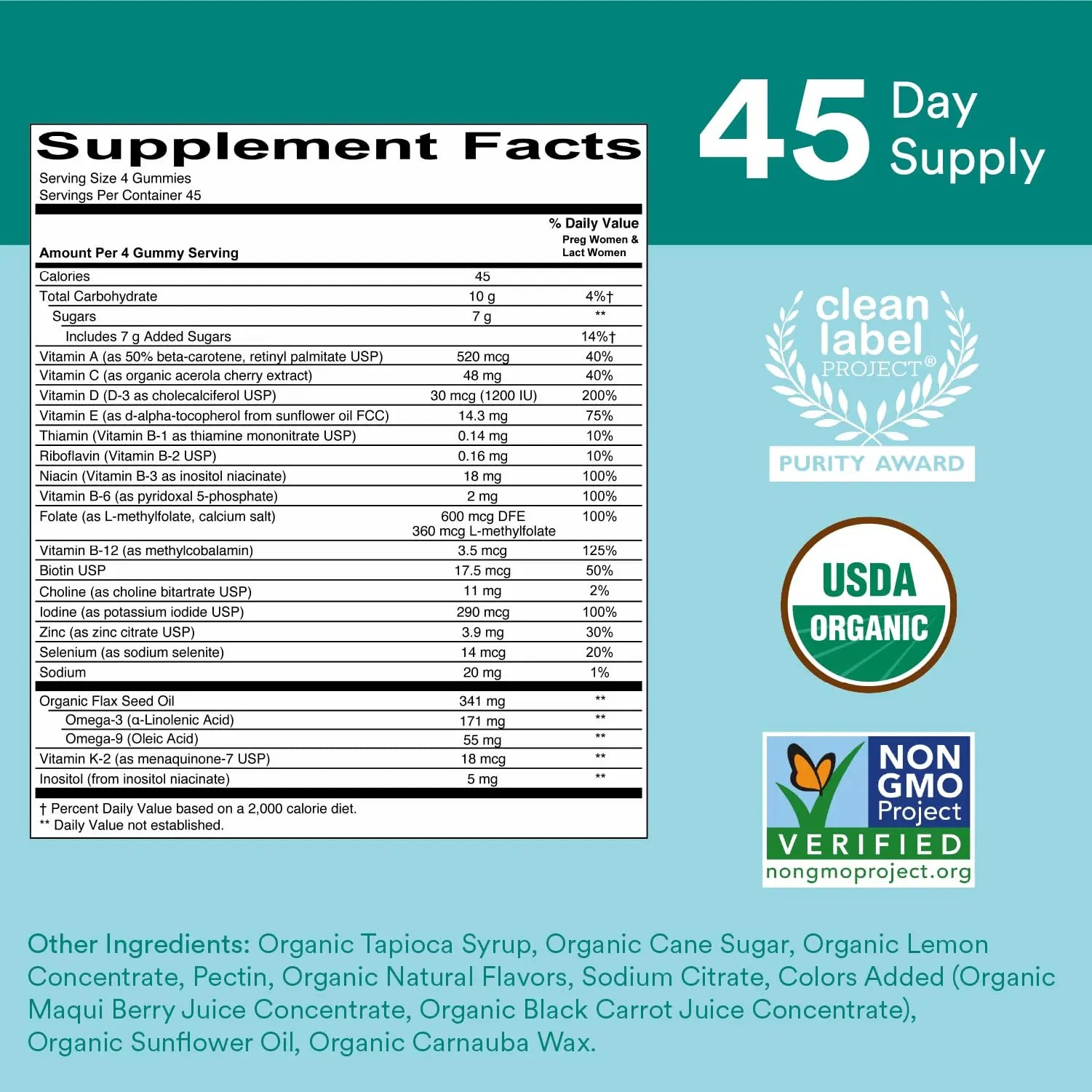 SmartyPants Organic Prenatal Vitamins for Women, Multivitamin Gummies: Biotin, Methylfolate, Omega 3 (ALA), Vitamin D3, C, Vitamin B12, B6, A, K2 & Zinc SmartyPants