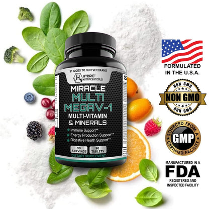 MEGAV-1 Multi-Vitamin, Superfood & Minerals - Daily Multivitamin with Probiotics, Digestive Enzyme, Mushroom Complex for Heart Health, Immune Support, Energy & Stamina - 90 Tablets Hybrid NutraceuticalsBuy Supplements Australia