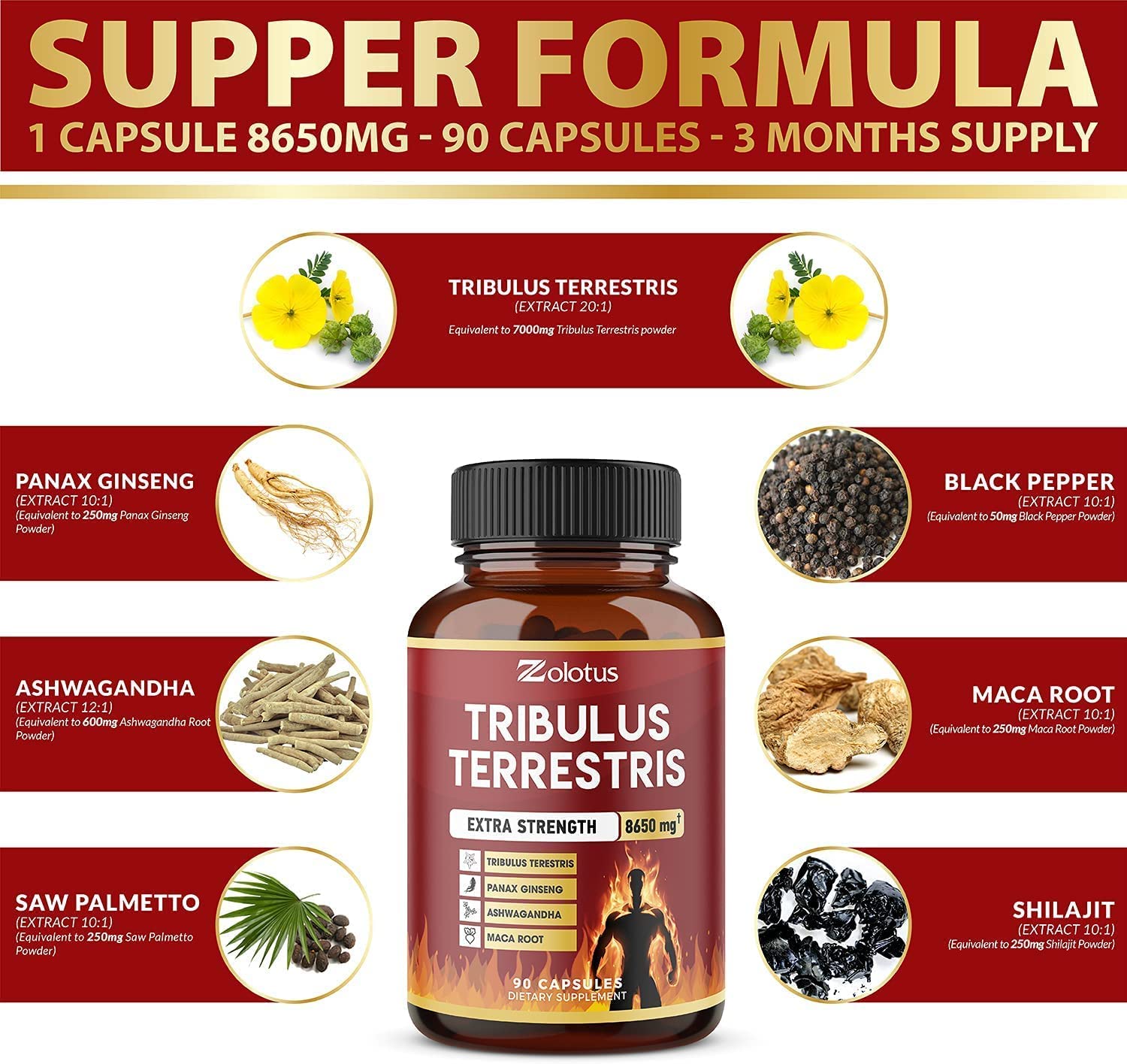 Zolotus Tribulus Terrestris, 8650mg Per Capsule, High Potency with Ashwagndha ZolotusBuy Supplements Australia