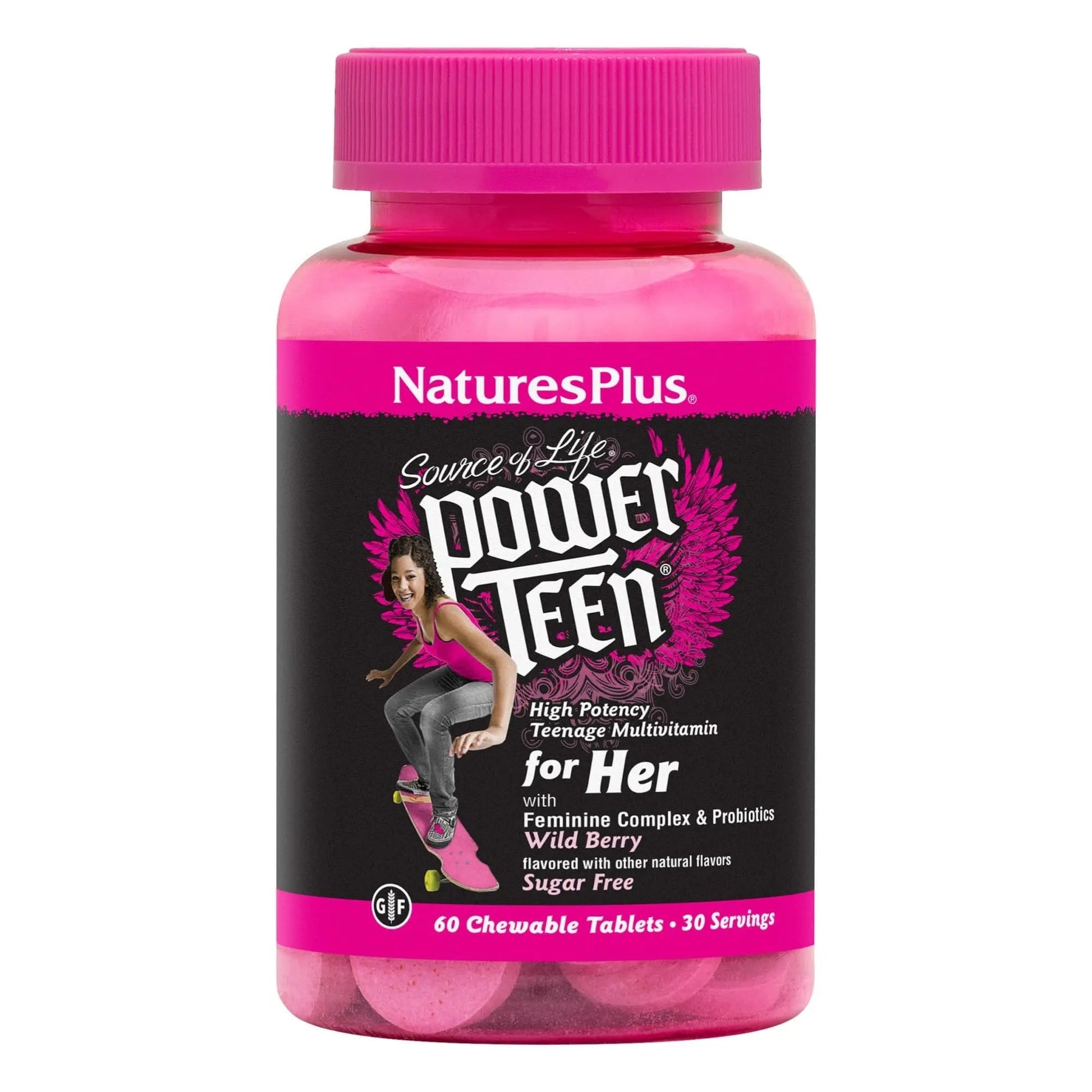 NaturesPlus Source of Life Power Teen for Her, Natural Berry - 60 Chewable Tablets - High Potency Multivitamin - Sugar Free, Vegan - 30 Servings NaturesPlus
